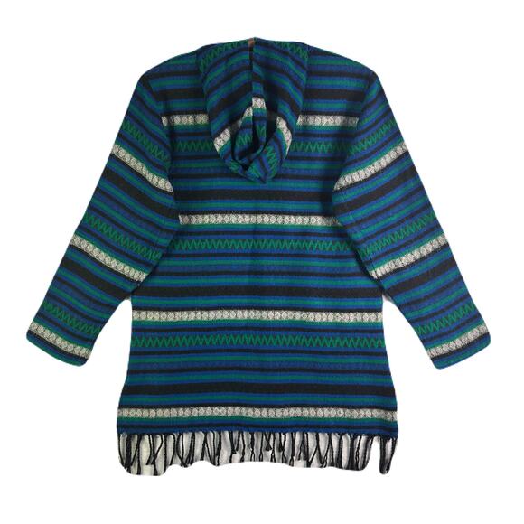 SACRED THREADS Hooded/Multicolored Striped/Fringe Hem Mexican Poncho Size S - Picture 6 of 10